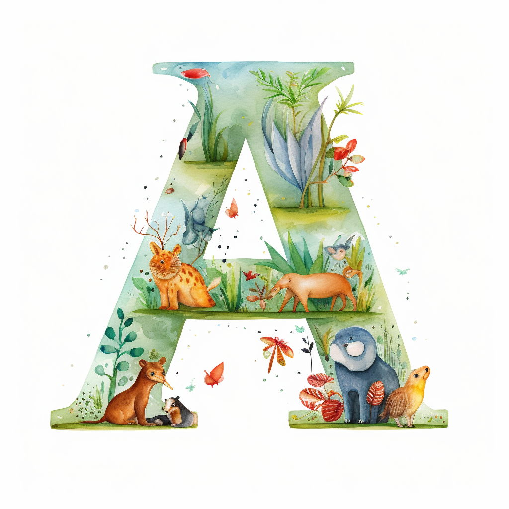 Watercolor alphabet poster with letter A and animal