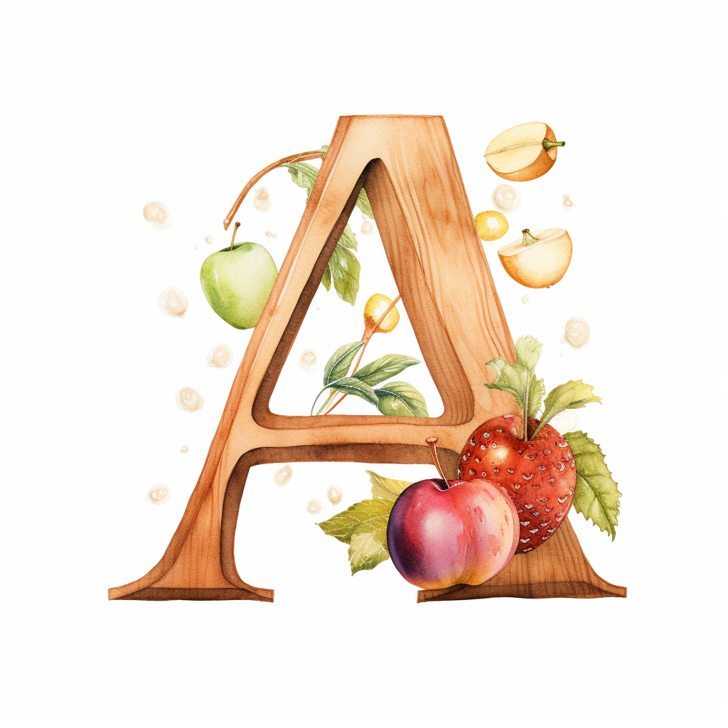 Illustration of letter A with apple and acorn