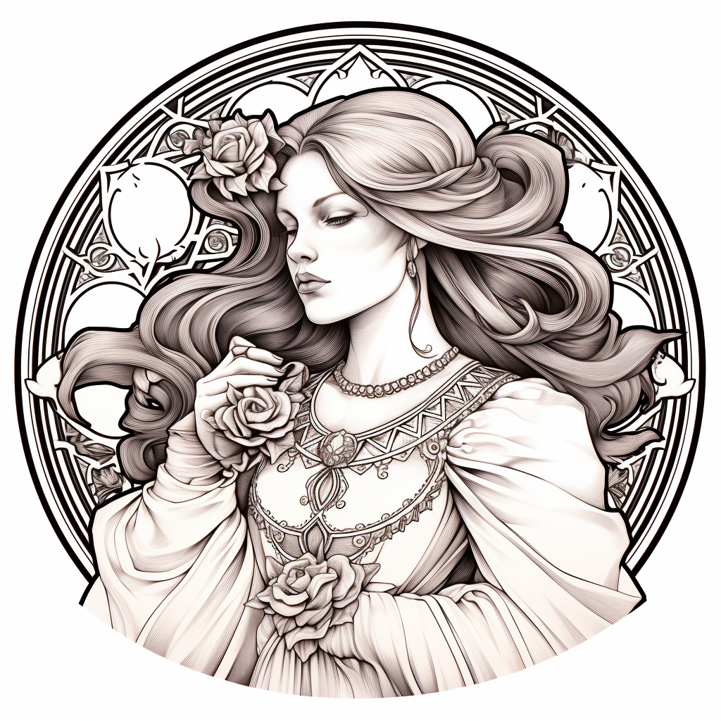 alphonse mucha inspired line art