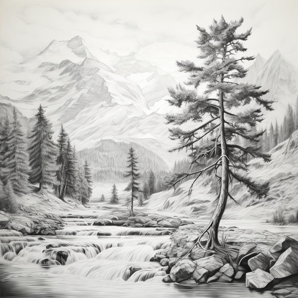 Abstract alpine landscape sketch with river and cedar tree