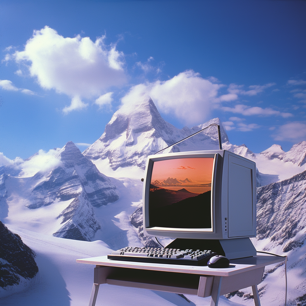 Computer advertisement in snow-covered alpine mountains