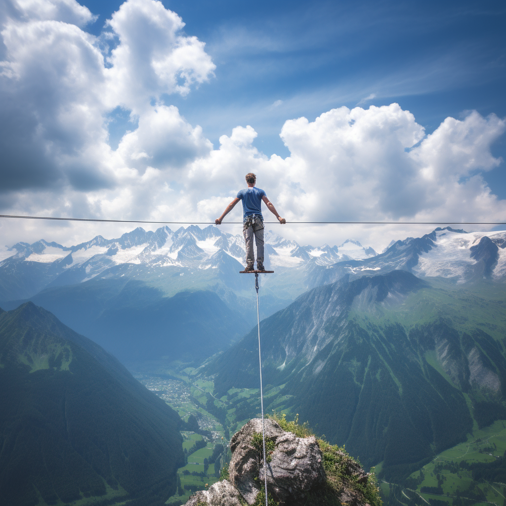 Man slacklining over majestic Alps