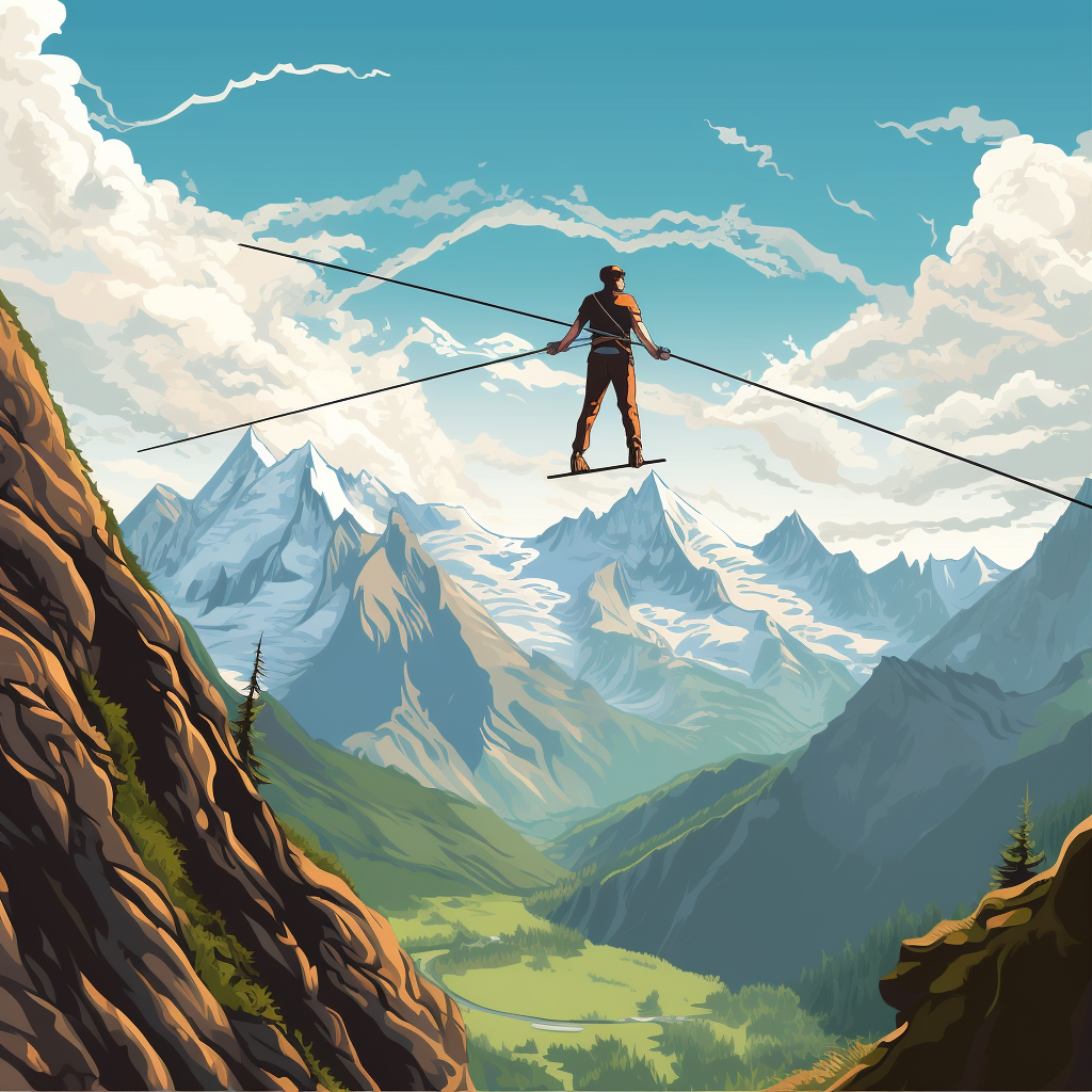 Man slacklining high above the breathtaking Alps