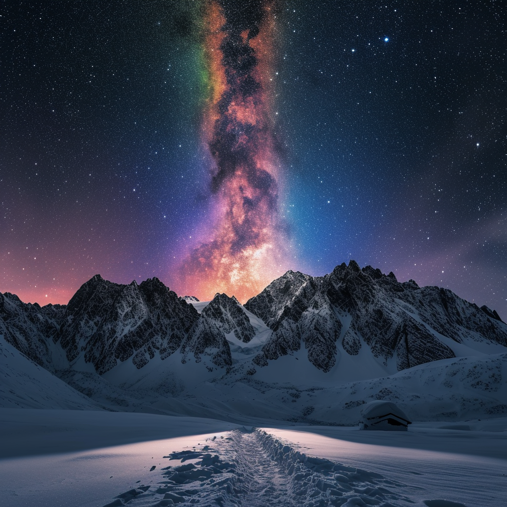 Altai Mountains at night with snow and rainbow