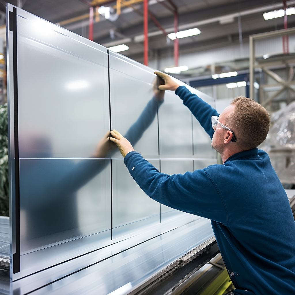 Employee working on aluminum window profile insulation