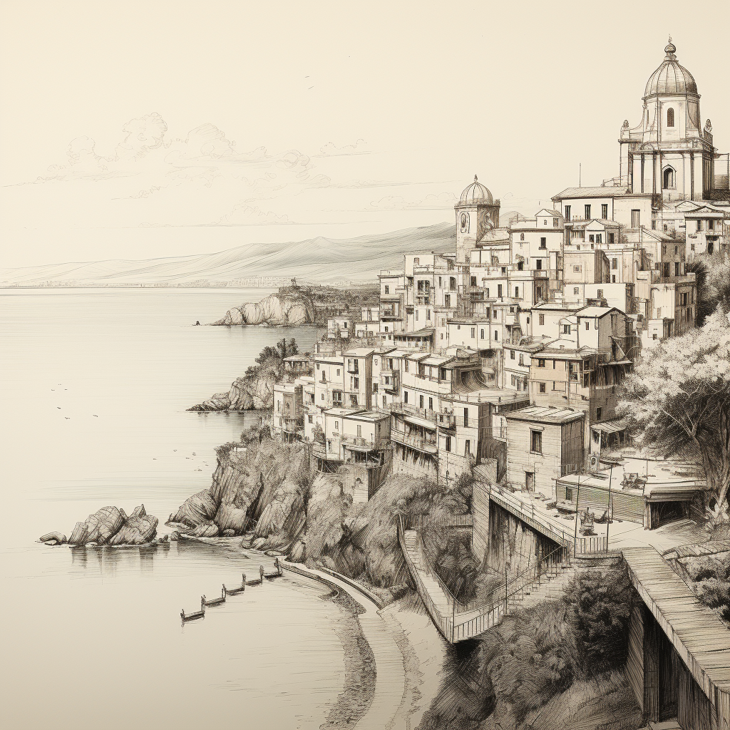 Amalfi coast village sea sketch