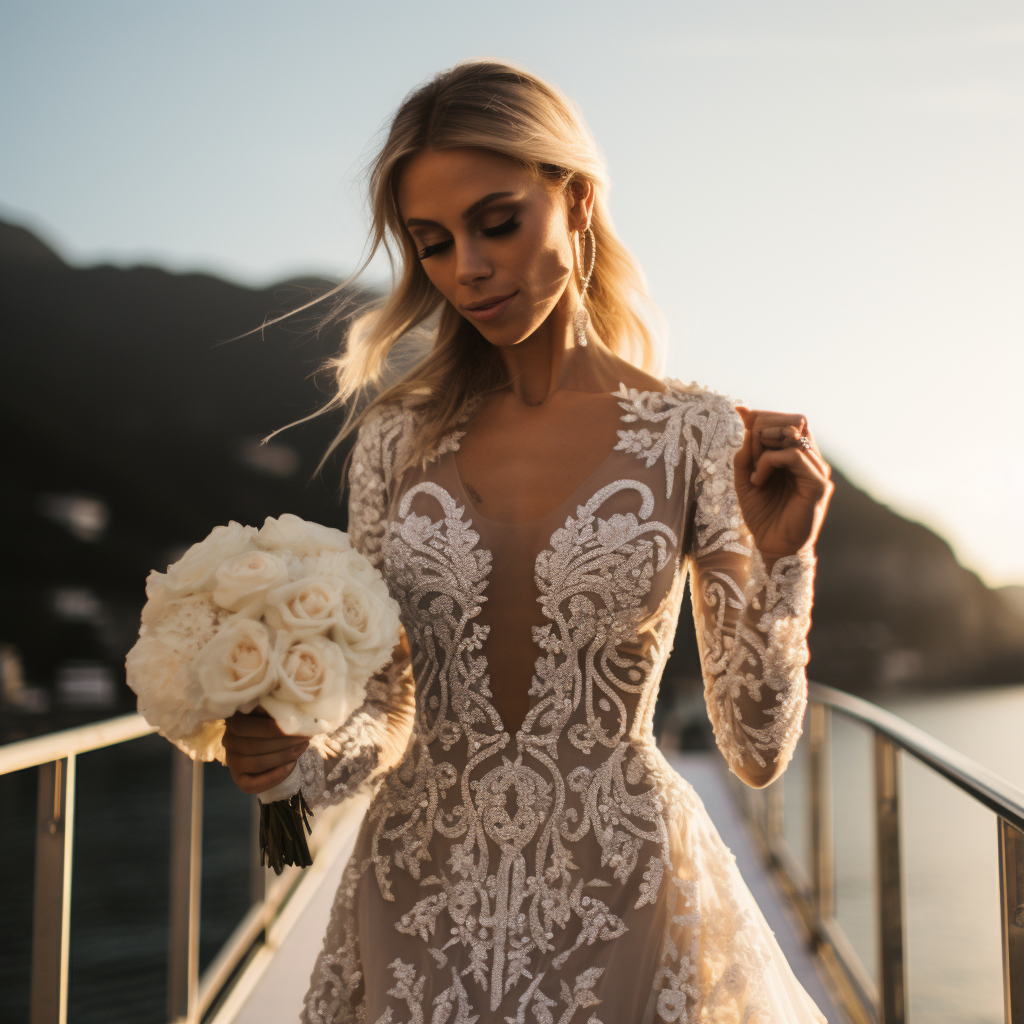 Beautiful bride on Amalfi Coast with sunset