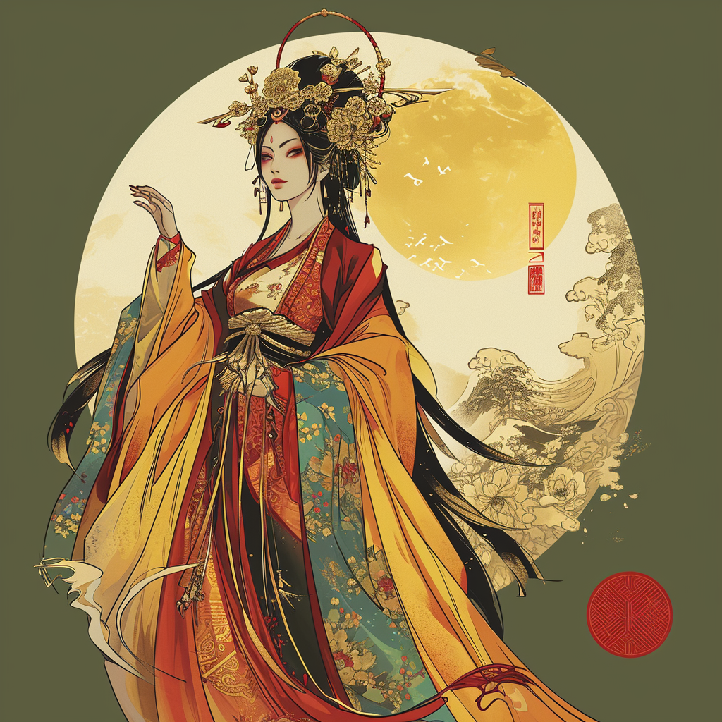 Asian sun goddess in Japanese folk clothing