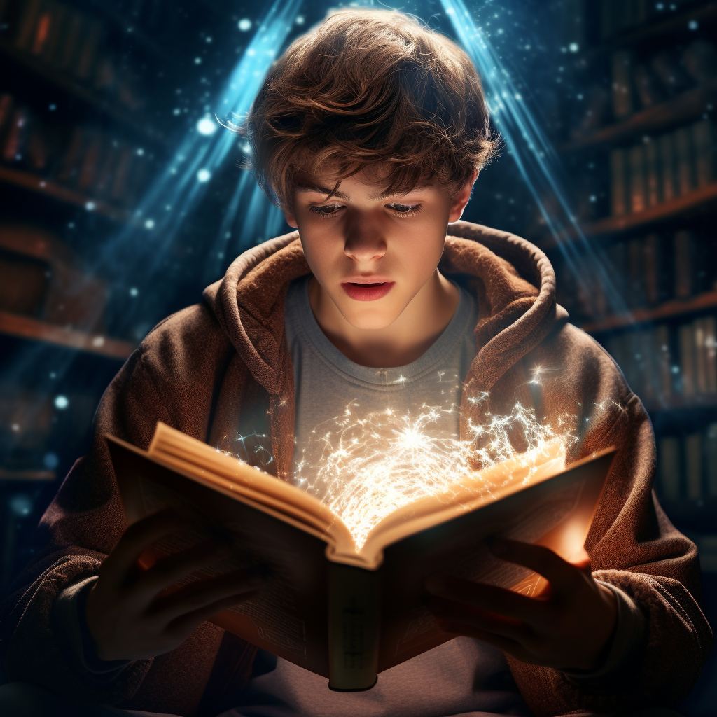 Teenage boy opening a book with light