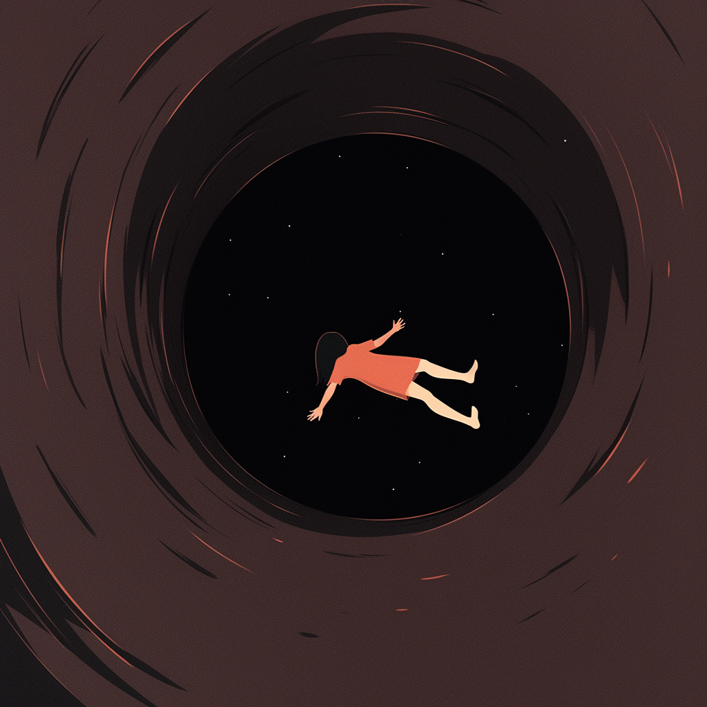 Woman in awe floating in black hole