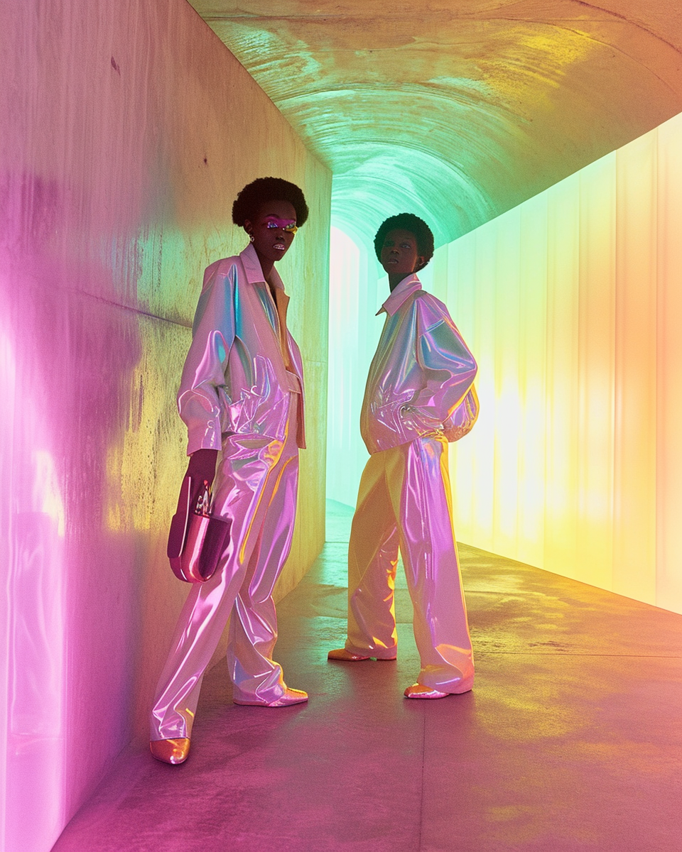 models in iridescent outfits