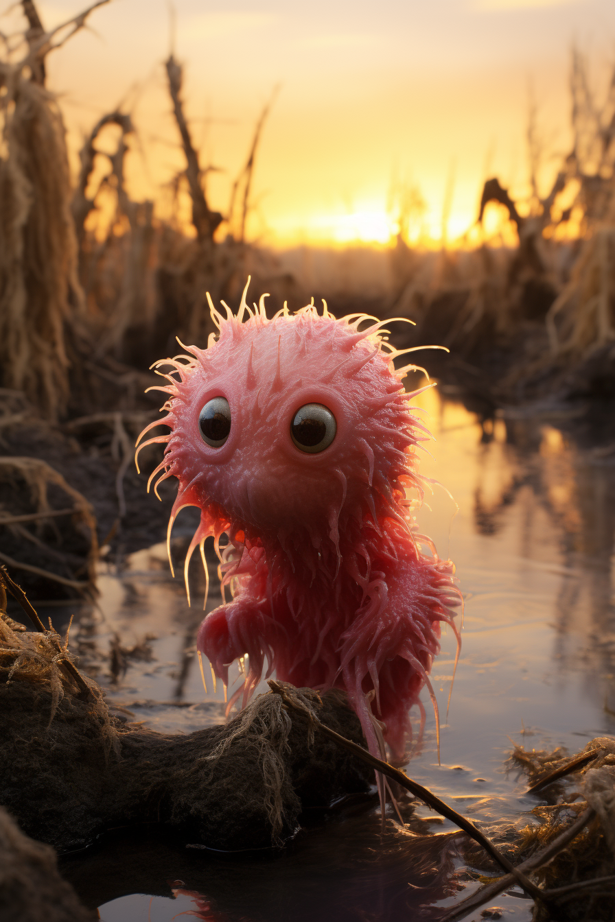 Majestic raspberry monster emerging from dark swamp