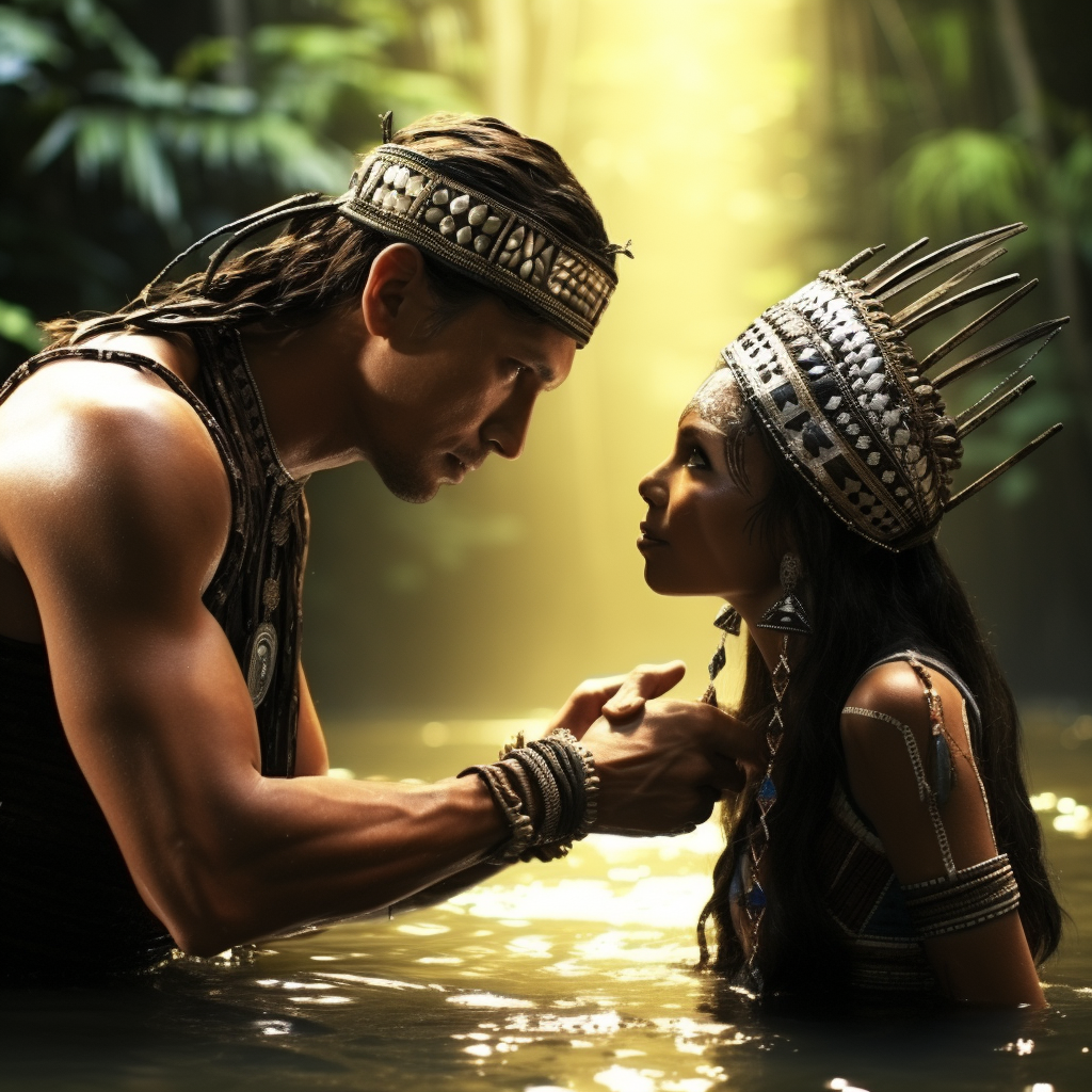 Tribe man and woman meeting in Amazon forest