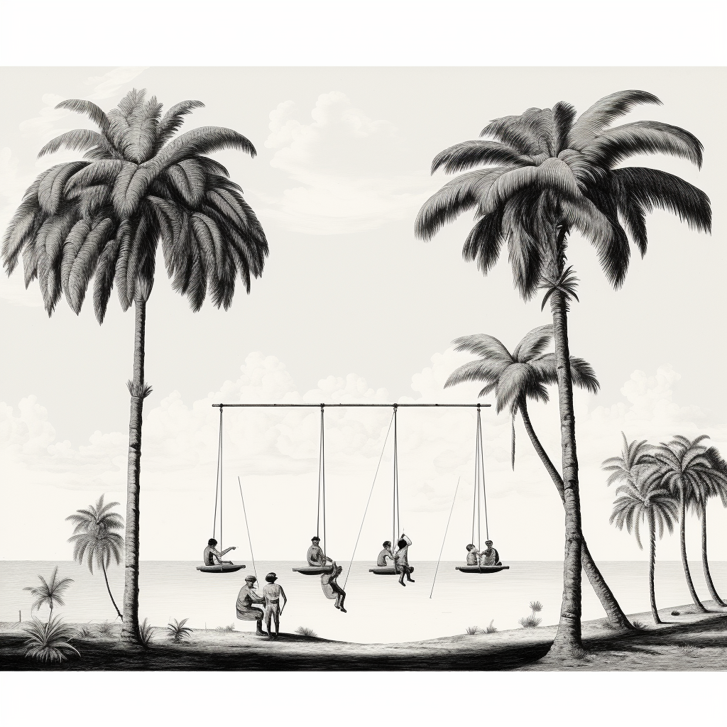 Black and white beach swing amidst palms