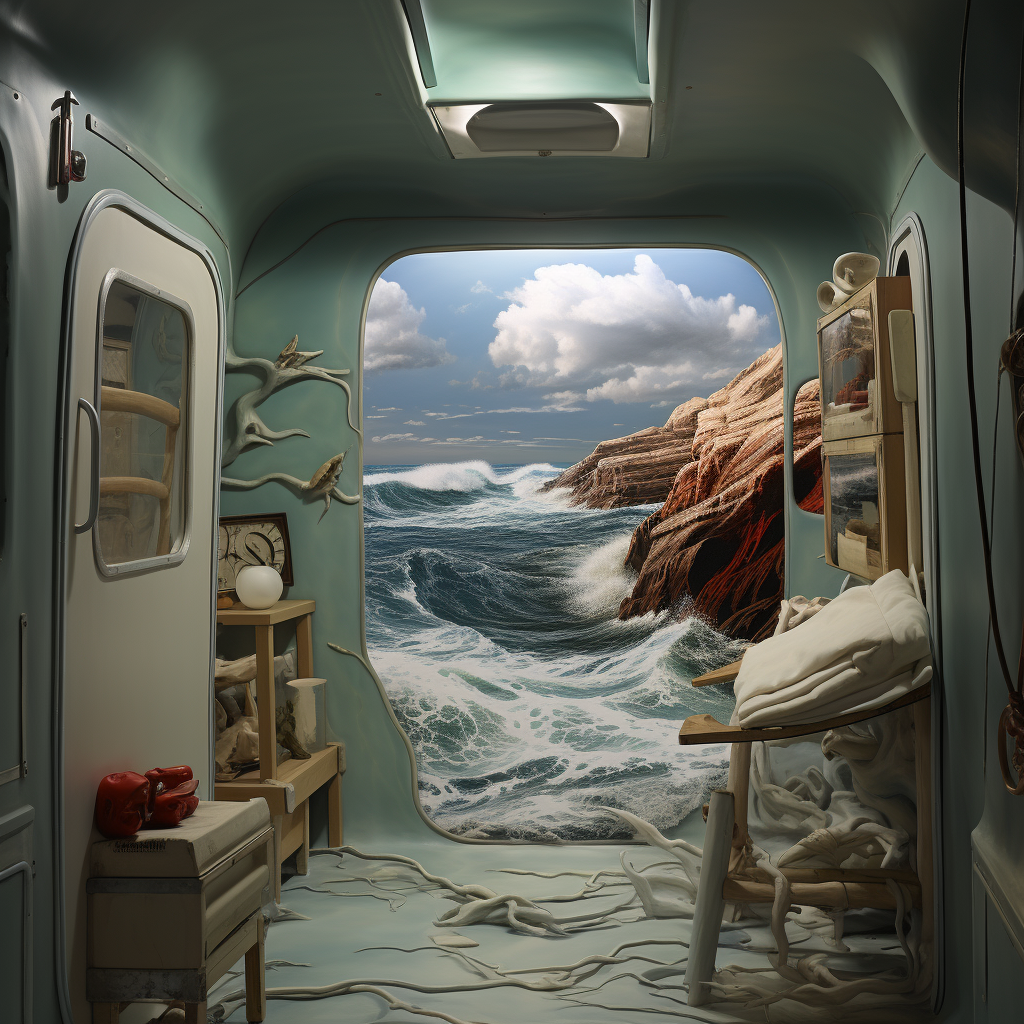 Trompe l'oeil of ambulance interior and seascape