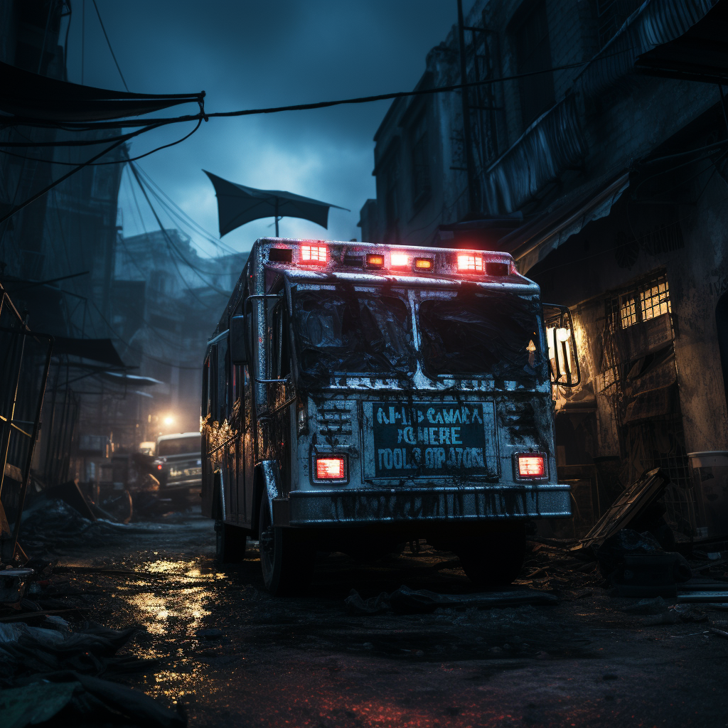 Ambulance with lights in slums streets