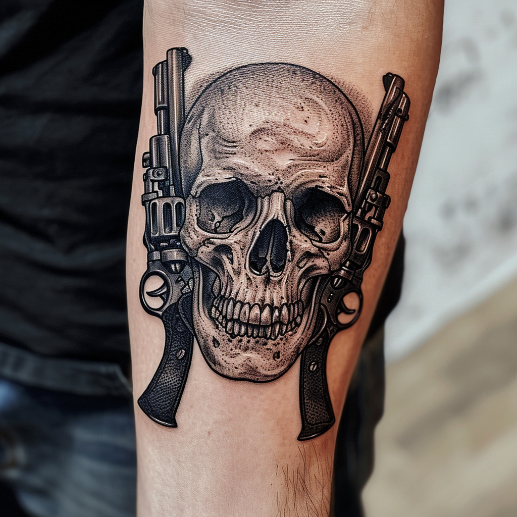 Iconic Americana Skull Tattoo with Guns