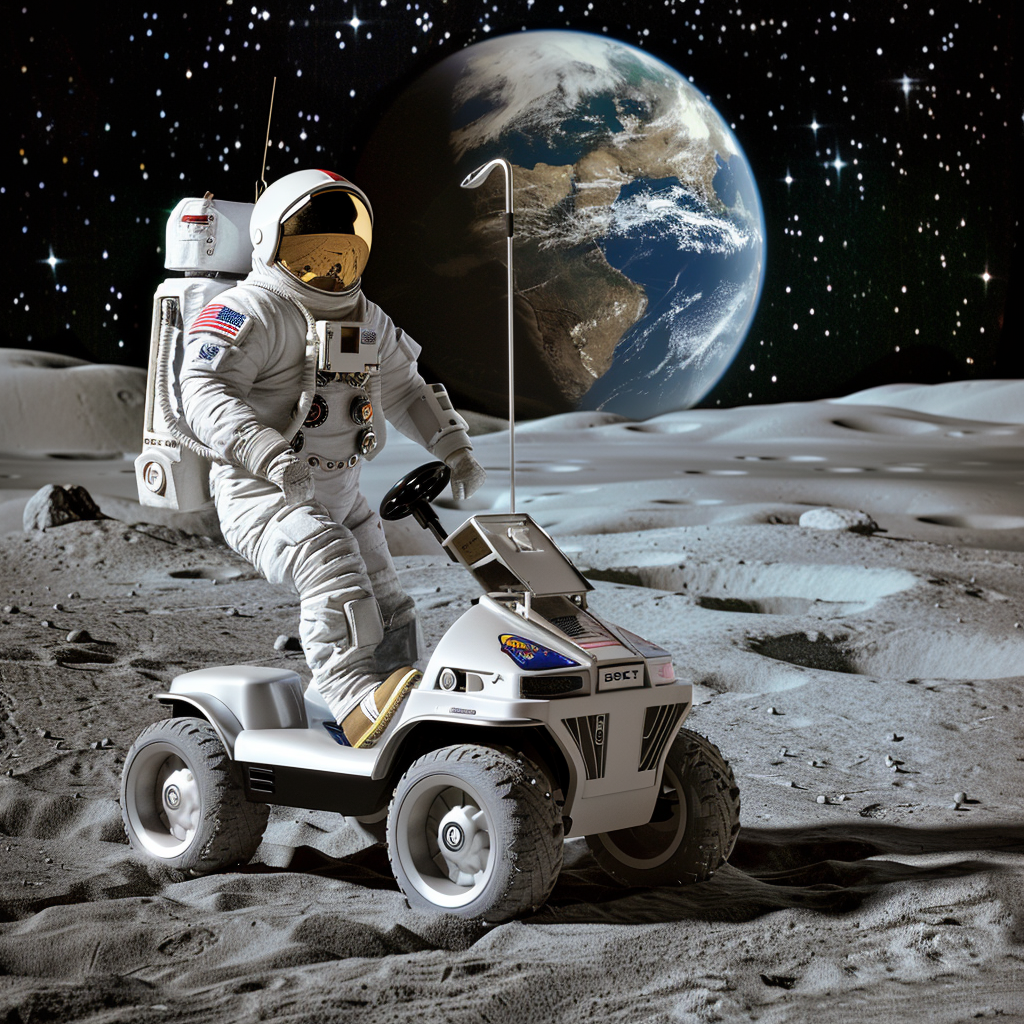 American astronaut swinging golf club on Moon's surface