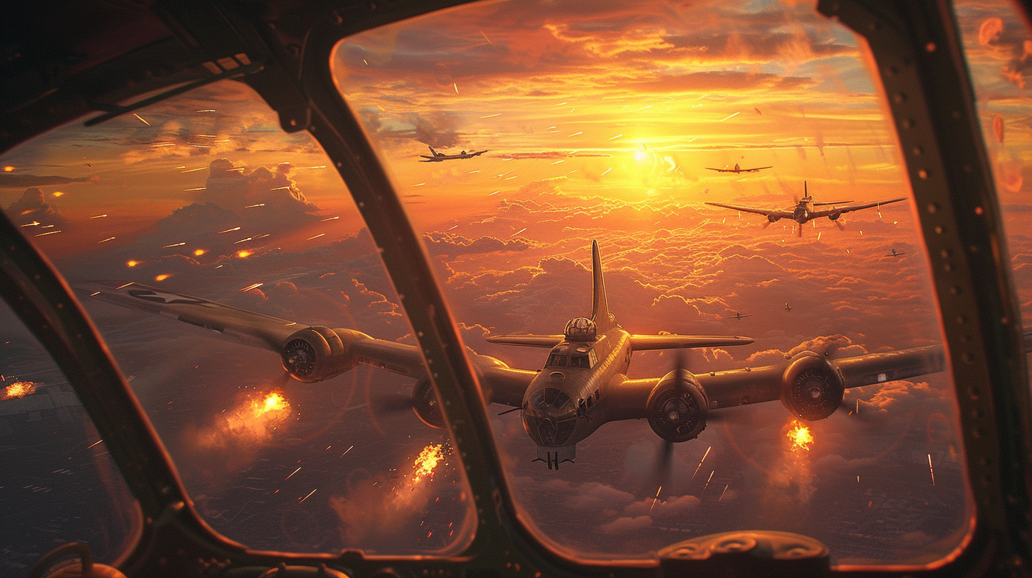 B17 Flying Fortress Bombers Formation at Sunset