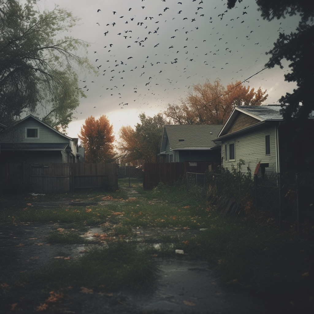 Analog photo of American backyard on a rainy day