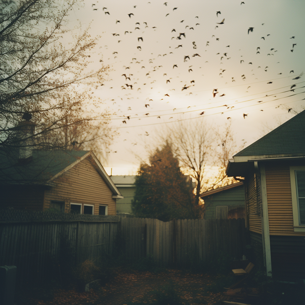 Analog photo of a rainy evening in an American backyard