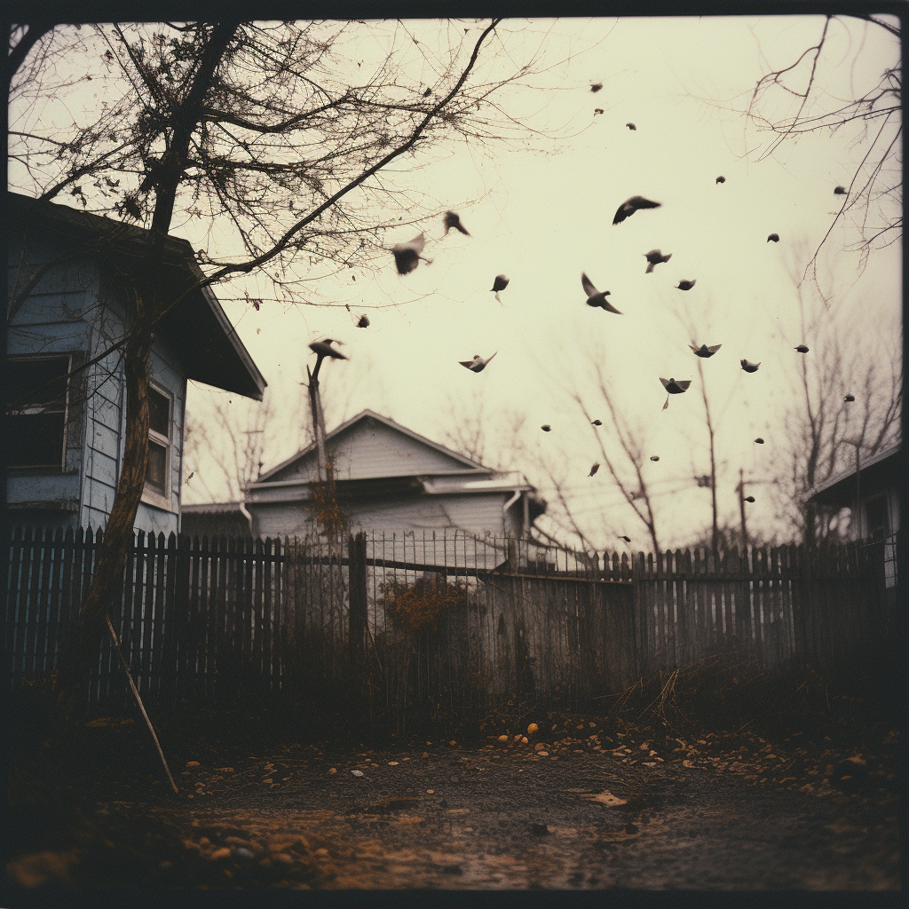 Analog photo of rainy American backyard with birds