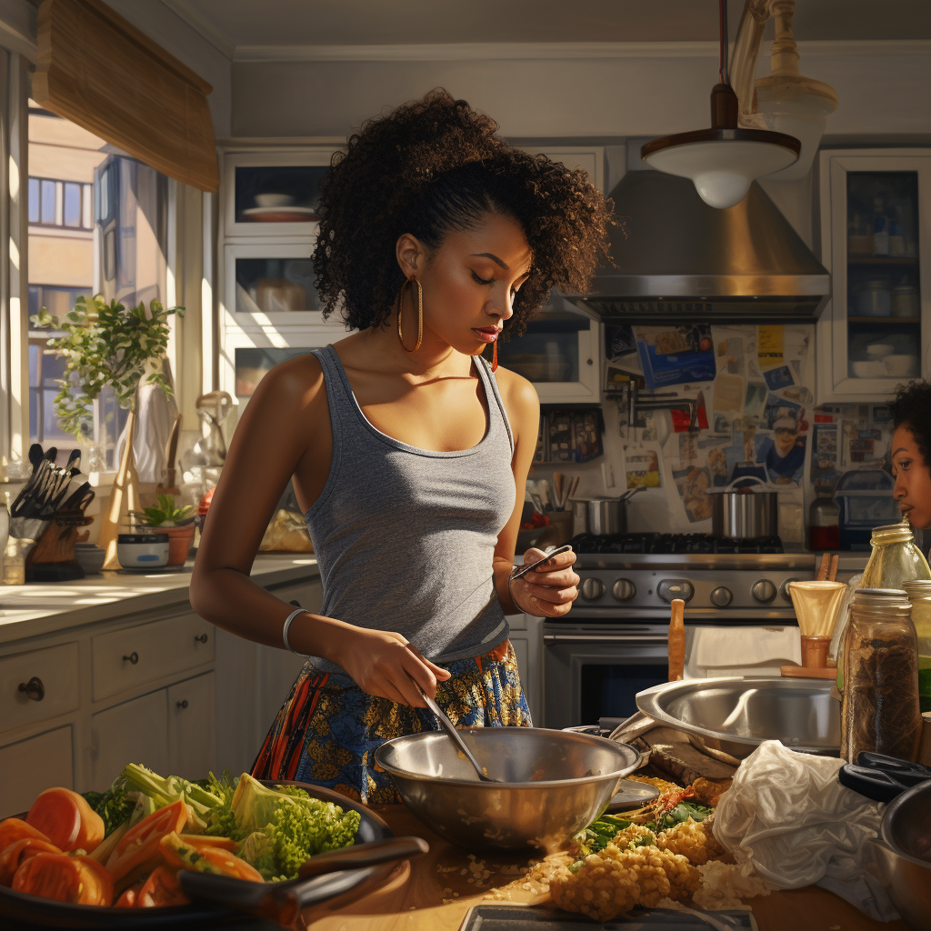 American black women shopping cooking in kitchen