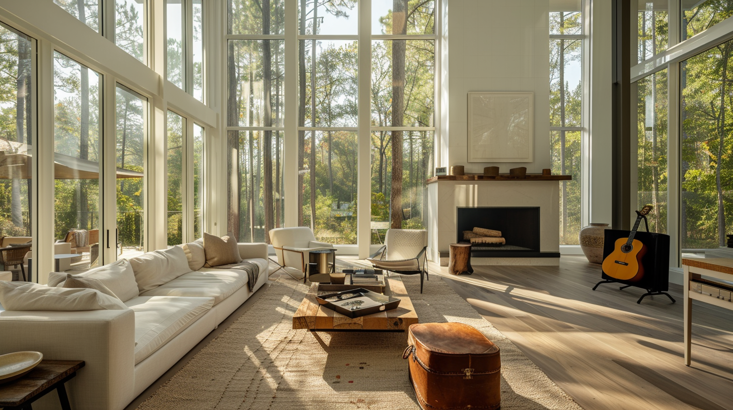 Country living room with fireplace and guitar