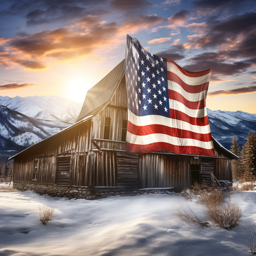 Beautiful American flag on mountain barn