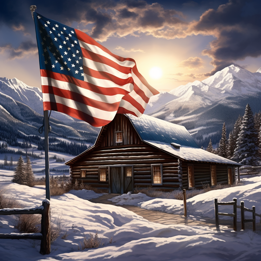 Beautiful American flag waving in front of barn