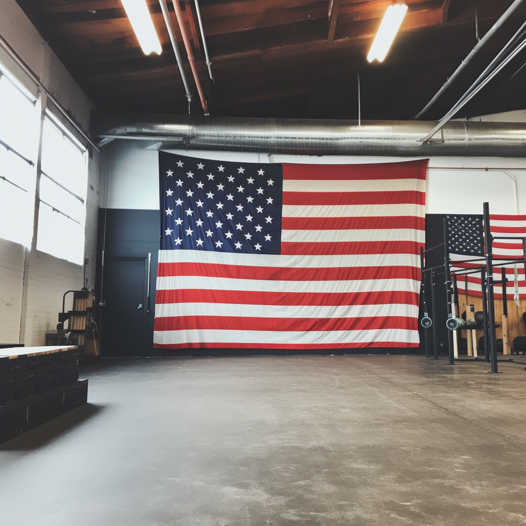 American flag in bright CrossFit gym