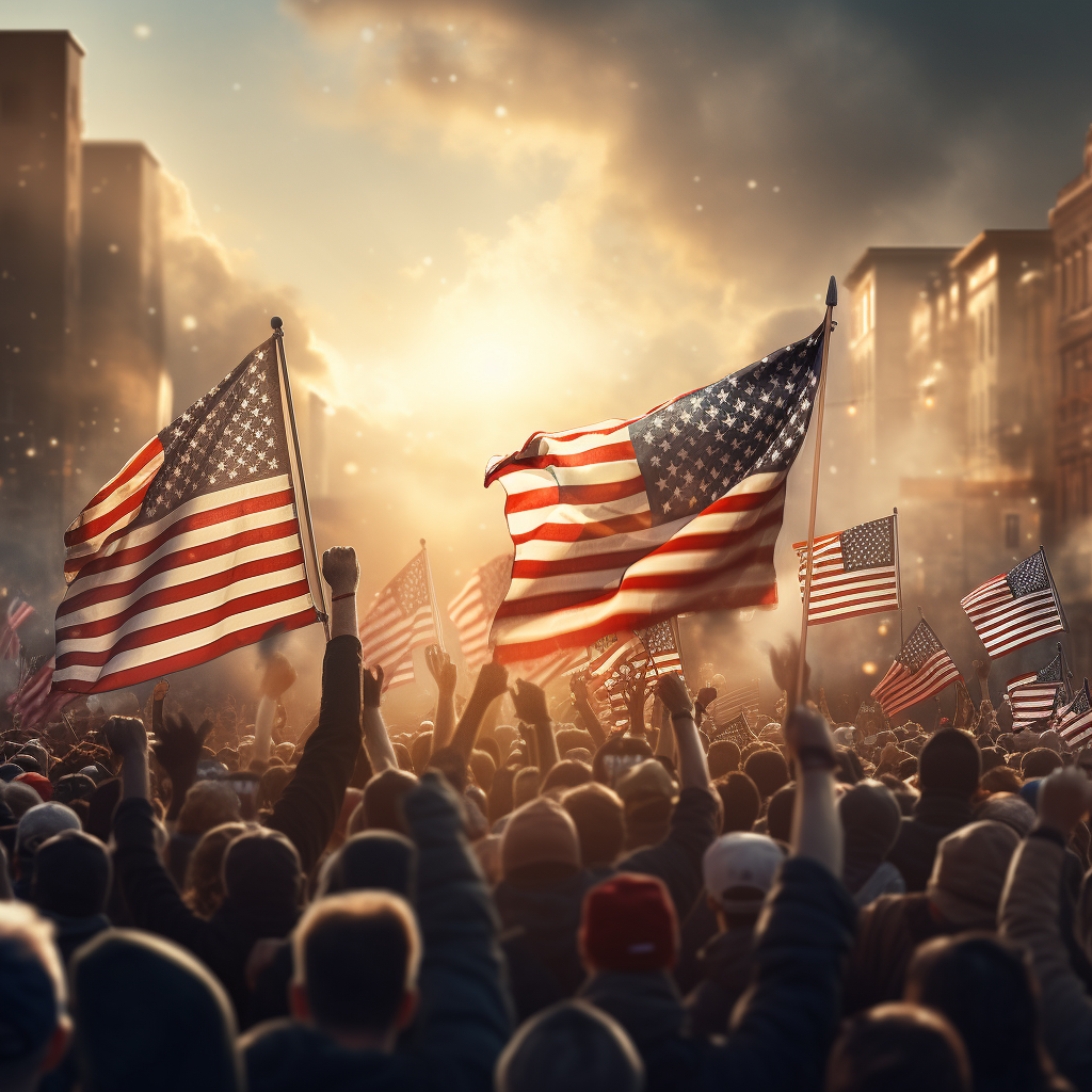 Crowd waving American flag at rally