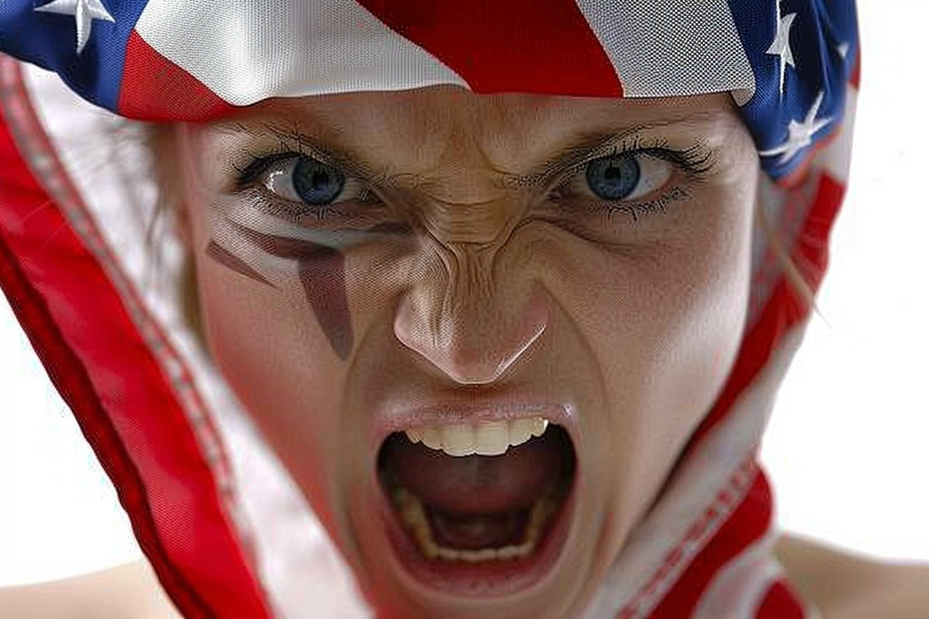 Female screaming with American flag face paint