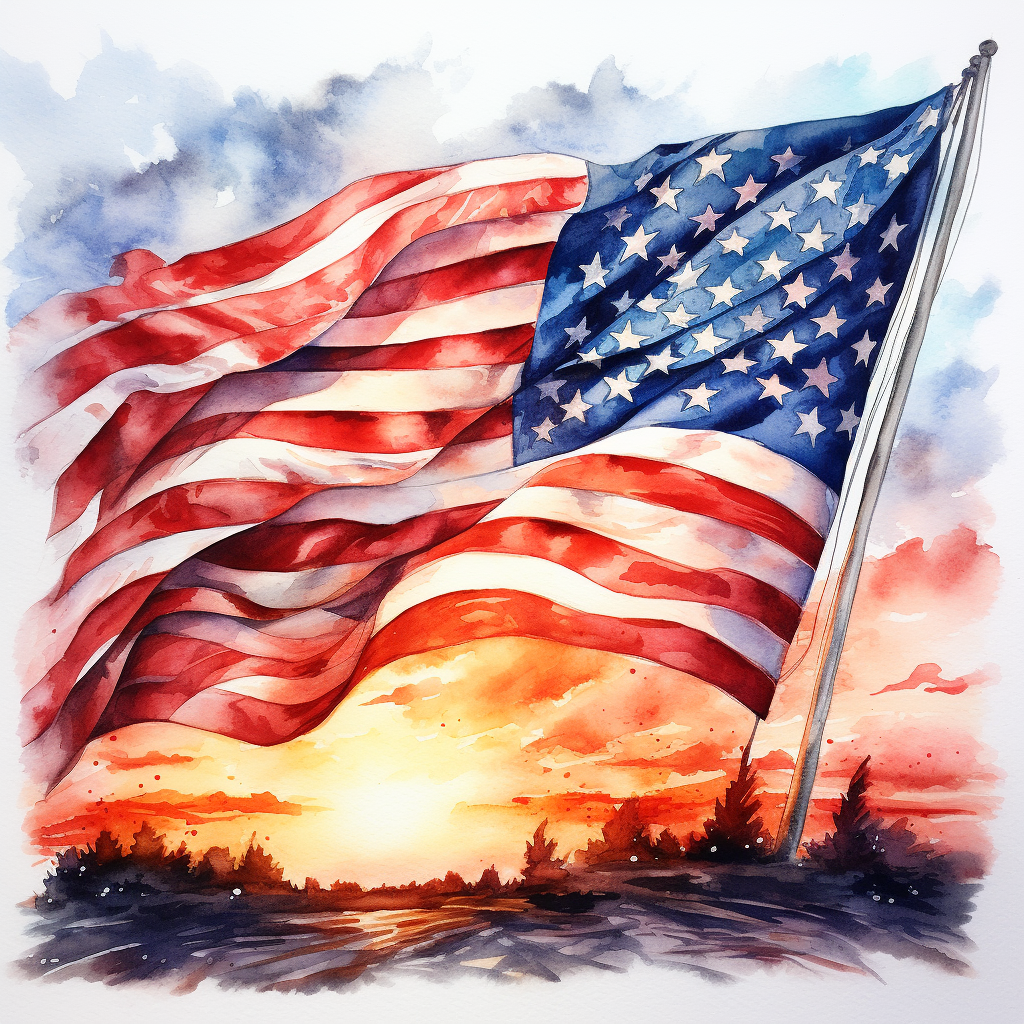 Beautiful watercolor painting of American Flag at sunset