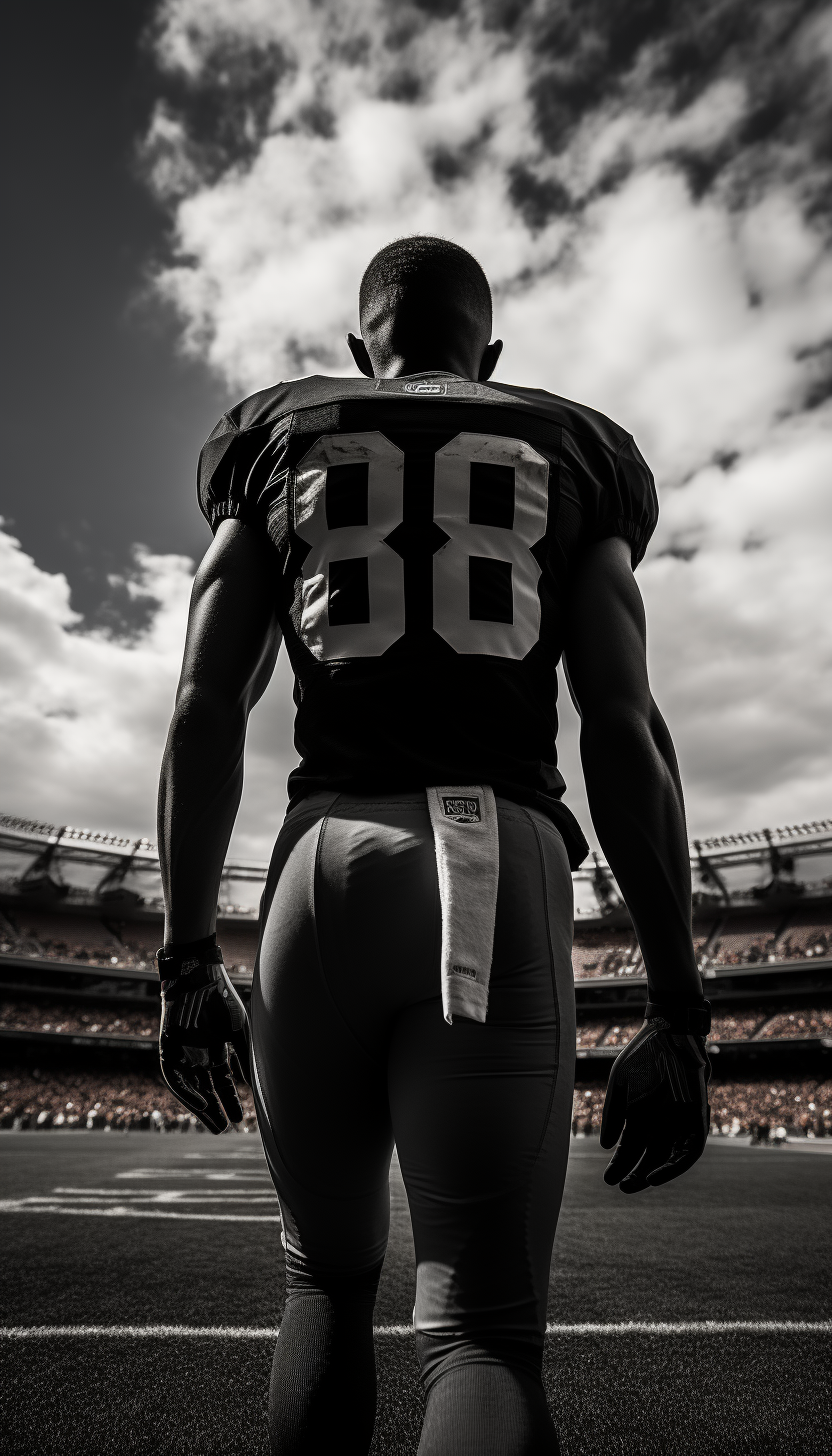 Rear view action shot of American football player