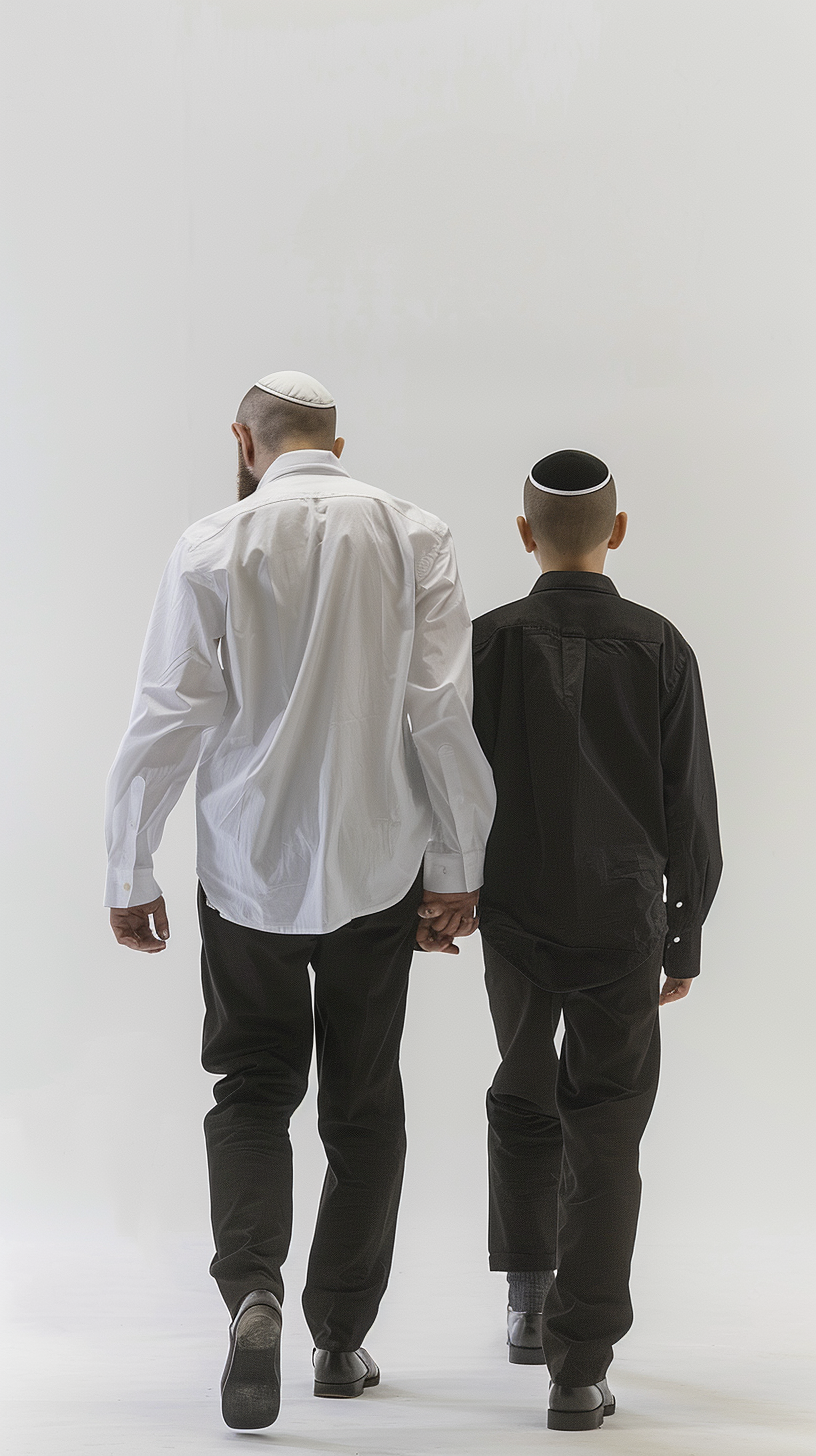 Hasidic Man and Boy Walking