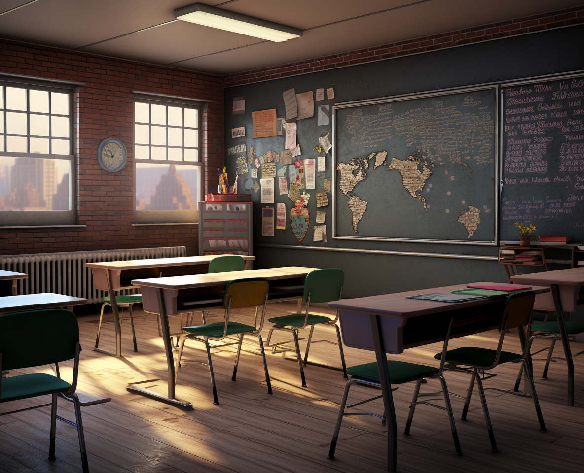 High school classroom with chalkboard and desks