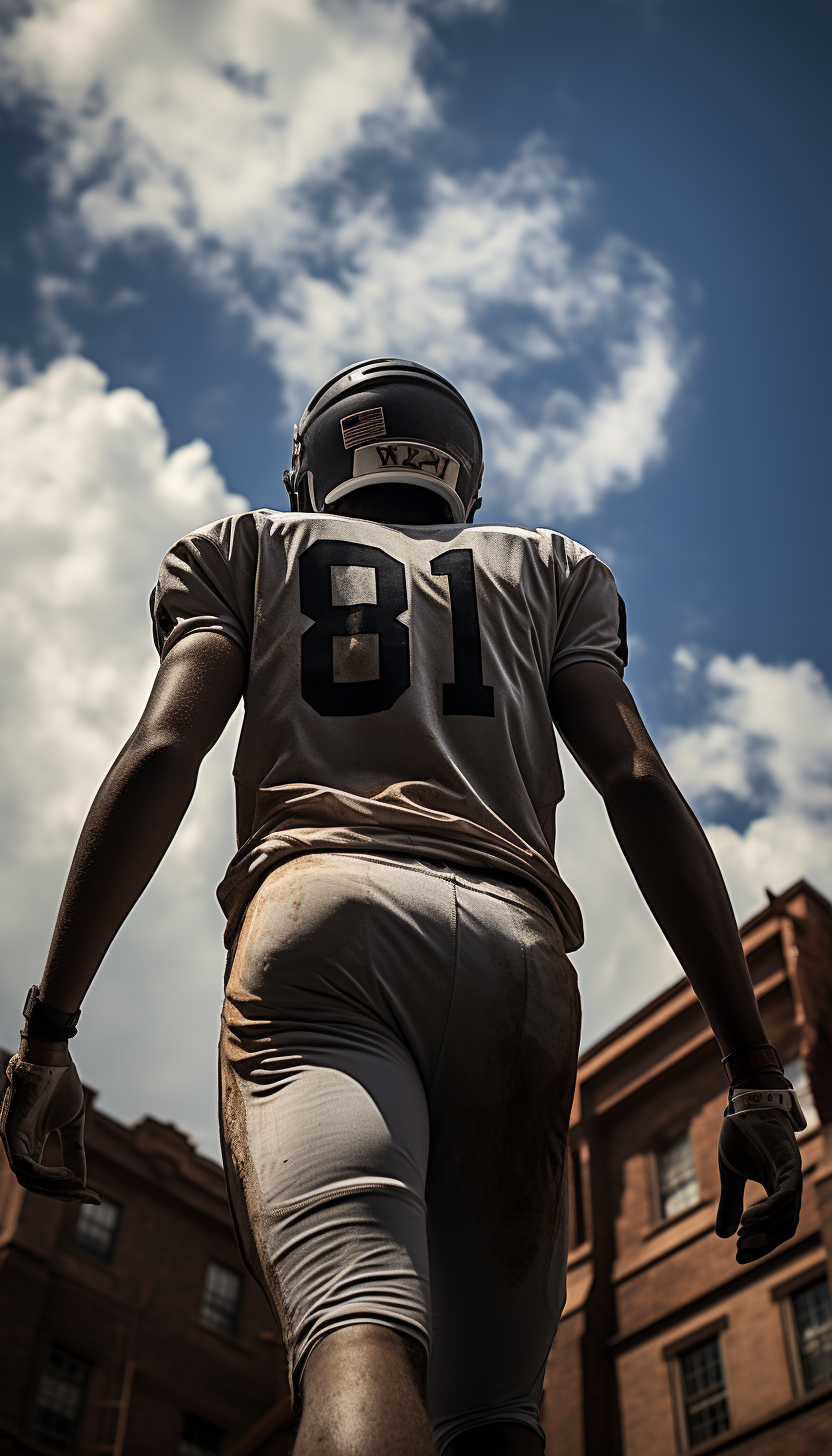 Football player in action with extreme blue skies