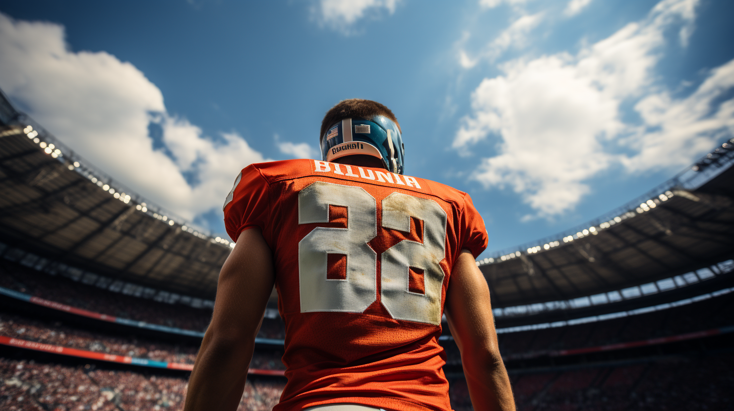 Rear view of football player scoring game-winning touchdown