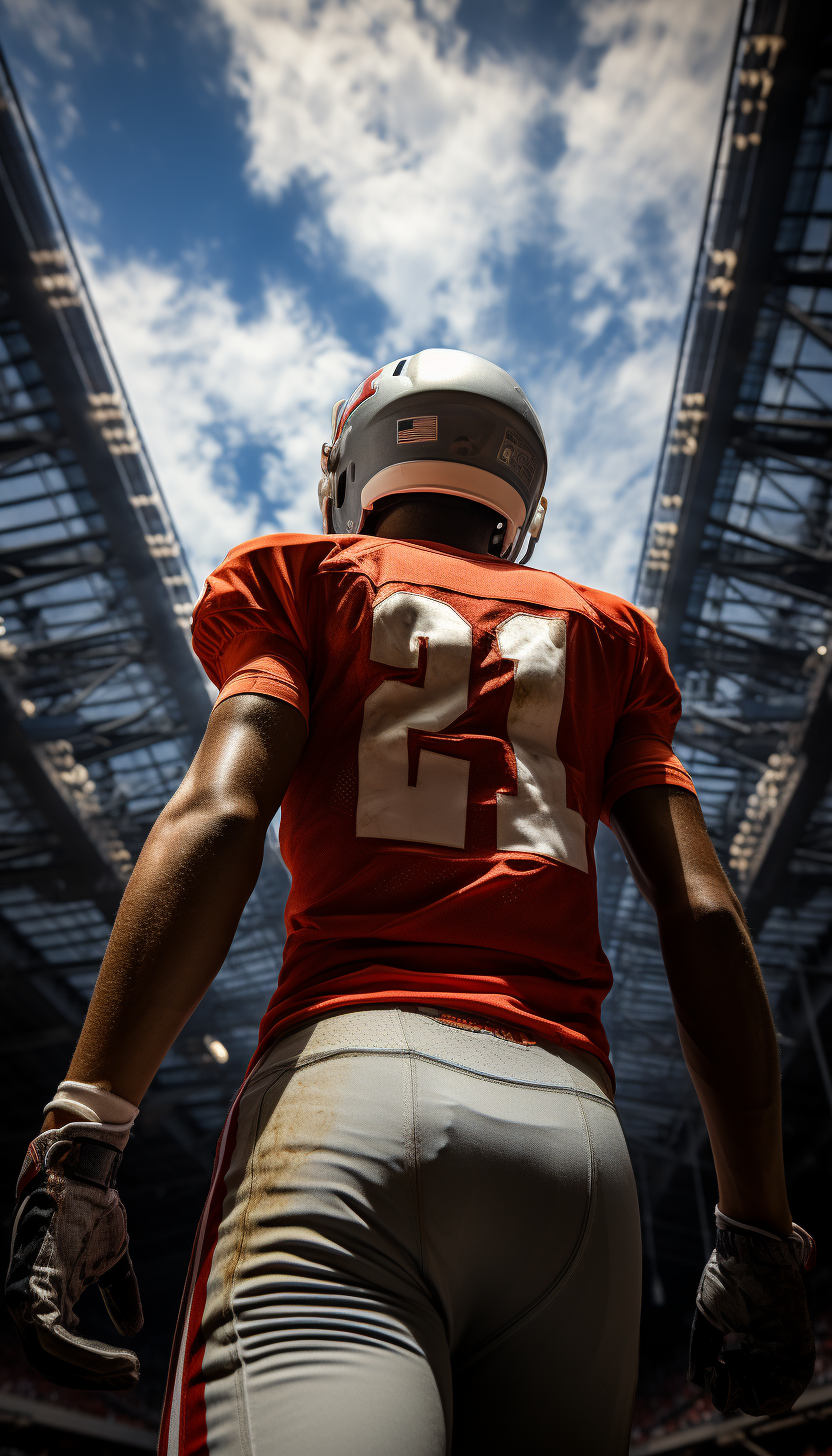 Rear view of high school football player