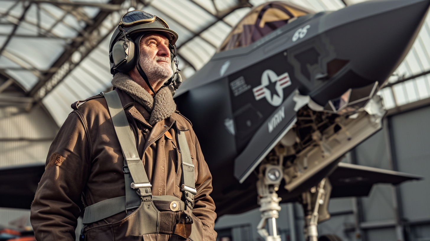 American Man in 1940s Attire with WWI Biplane and F35 Jet