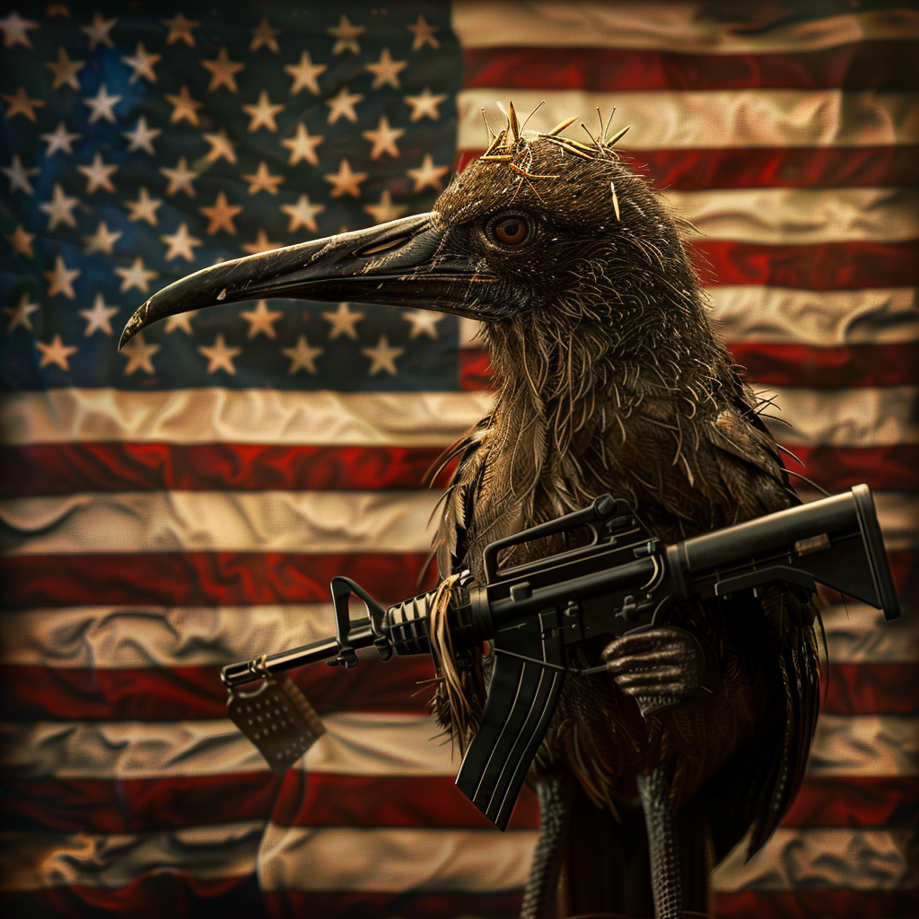 American kiwi bird with flag and guns