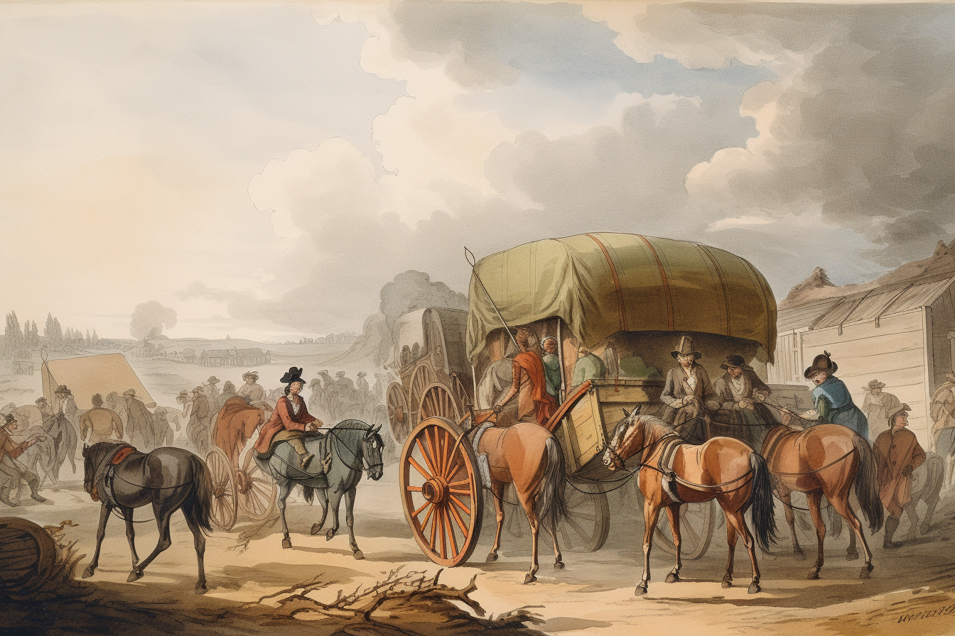 Painting of American Revolution refugees with wagons