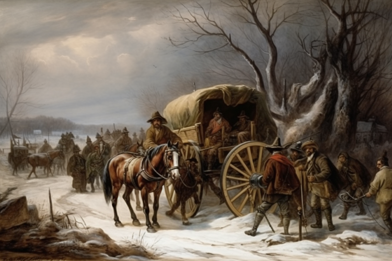 Artistic depiction of American Revolution refugees in winter