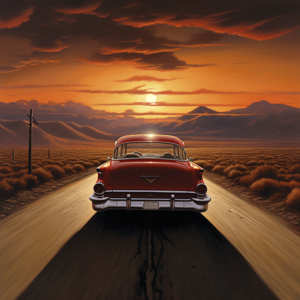 Classic car on an American road at sunset