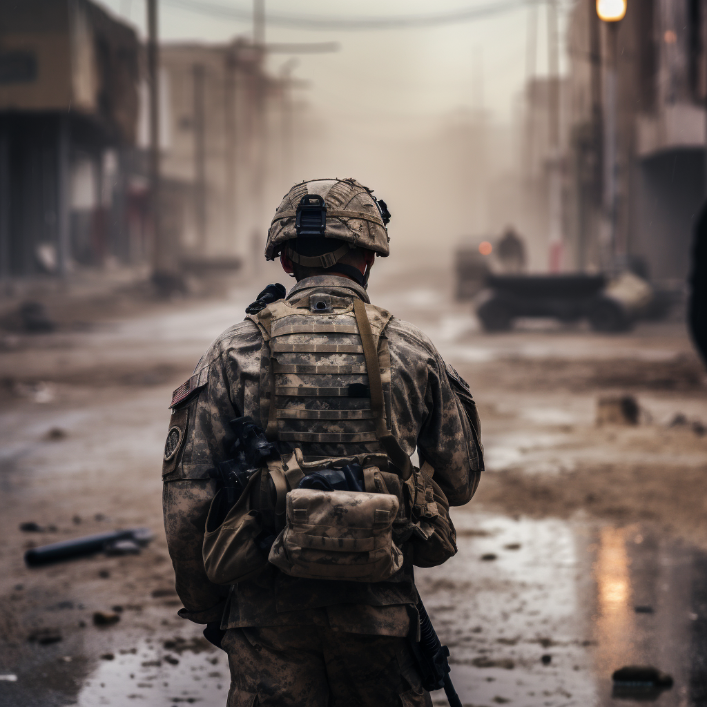 American soldier facing the battlefield and city