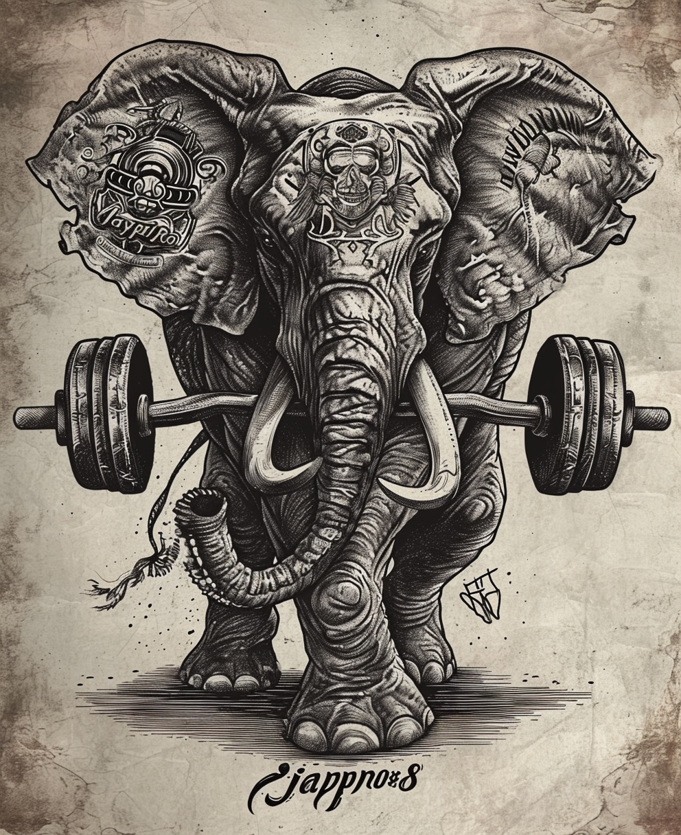 Vibrant American Style Heavy Metal Tattoo with Elephant and Dumbbells