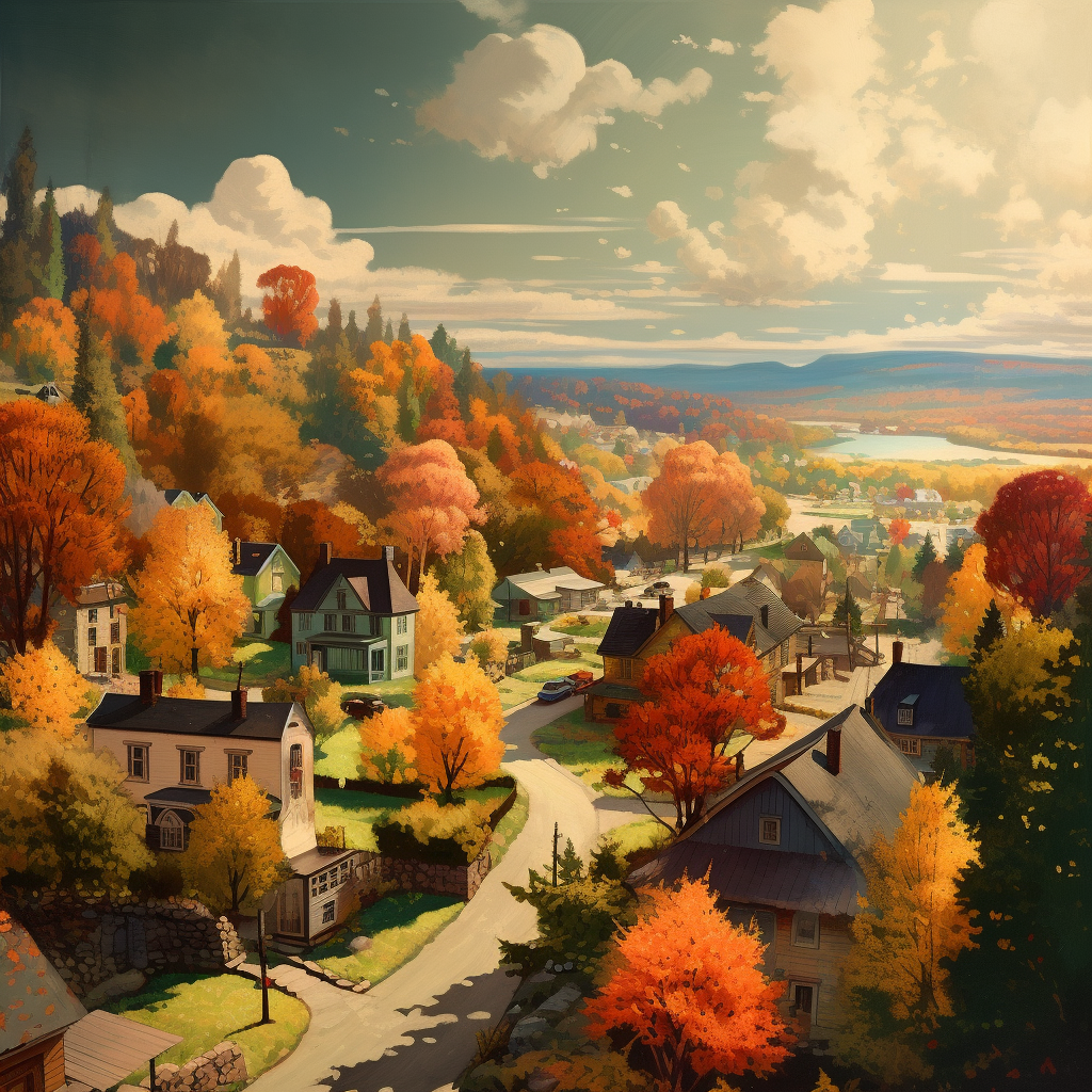 Stunning Vintage Aerial View of Small American Town in Autumn