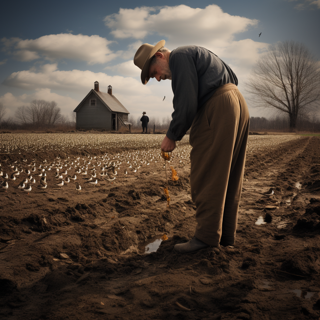 Amish farmers planting seeds in the field