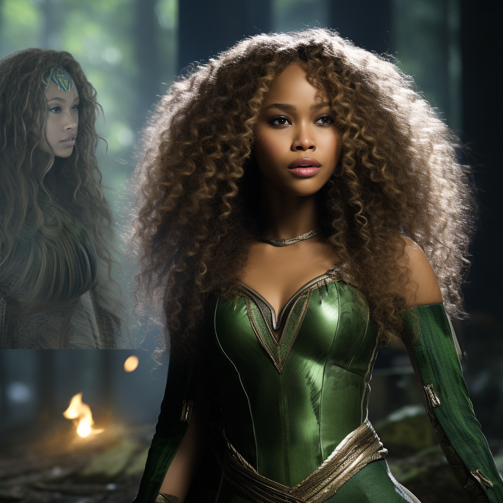 Nicole Beharie as Amora the Enchantress casting green magic spell